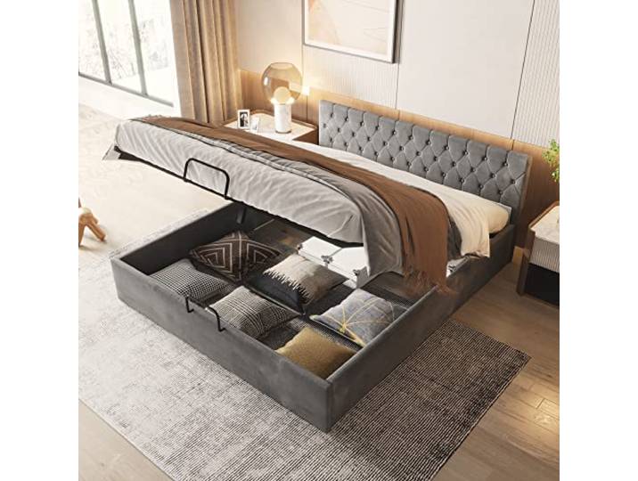 Merax Polsterbett mit Bettkasten, Hydraulisches Doppelbett 180 x 200 cm, Samt-Stoff Funktionsbett mit Lattenrost und Stauraum, Gepolsterter Bettrahmen mit Knopf-Kopfteil-Design, Einfacher Stil, Grau