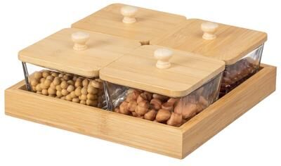Basicwise Glass Jars with Bamboo Lids and Wooden Tray – Rectangular Charcuterie, Snack Organizer and Fruit Platter for Party