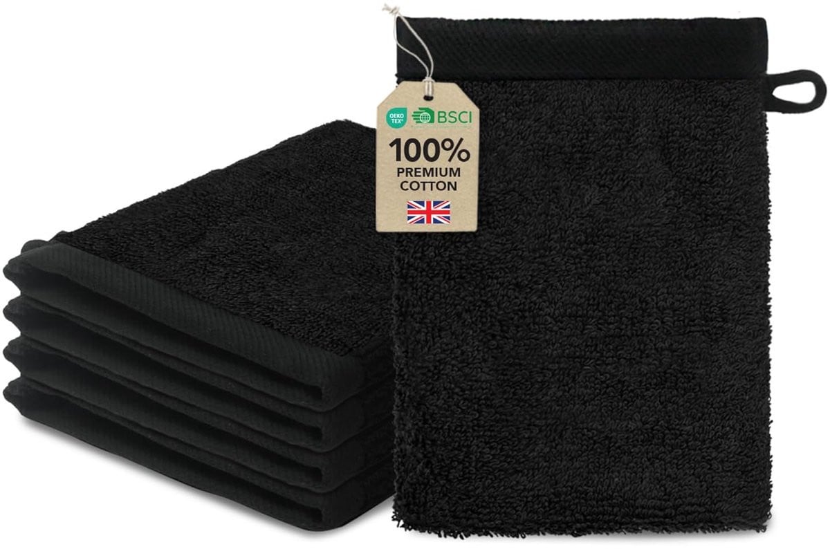 SnelShoppen Set van 5 Zwarte Washandjes van 100% Katoen, 15 x 20 cm