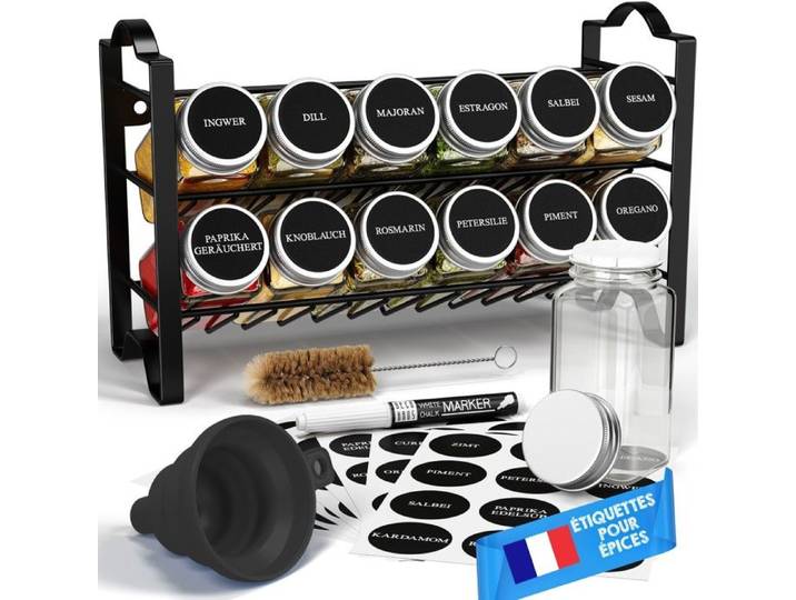 Étagère à épices - DECO HAUS - Lot 12 bocaux - Aluminium - Livré monté - Étiquettes & accessoires
