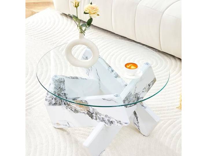 Bellemave Couchtisch Rund 79 cm, MDF+Glas, Kreuzfuß, Marmoroptik Runder Wohnzimmertisch, pflegeleichte Glasplatte, schnell montiert, ideal als Sofatisch, modern & platzsparend