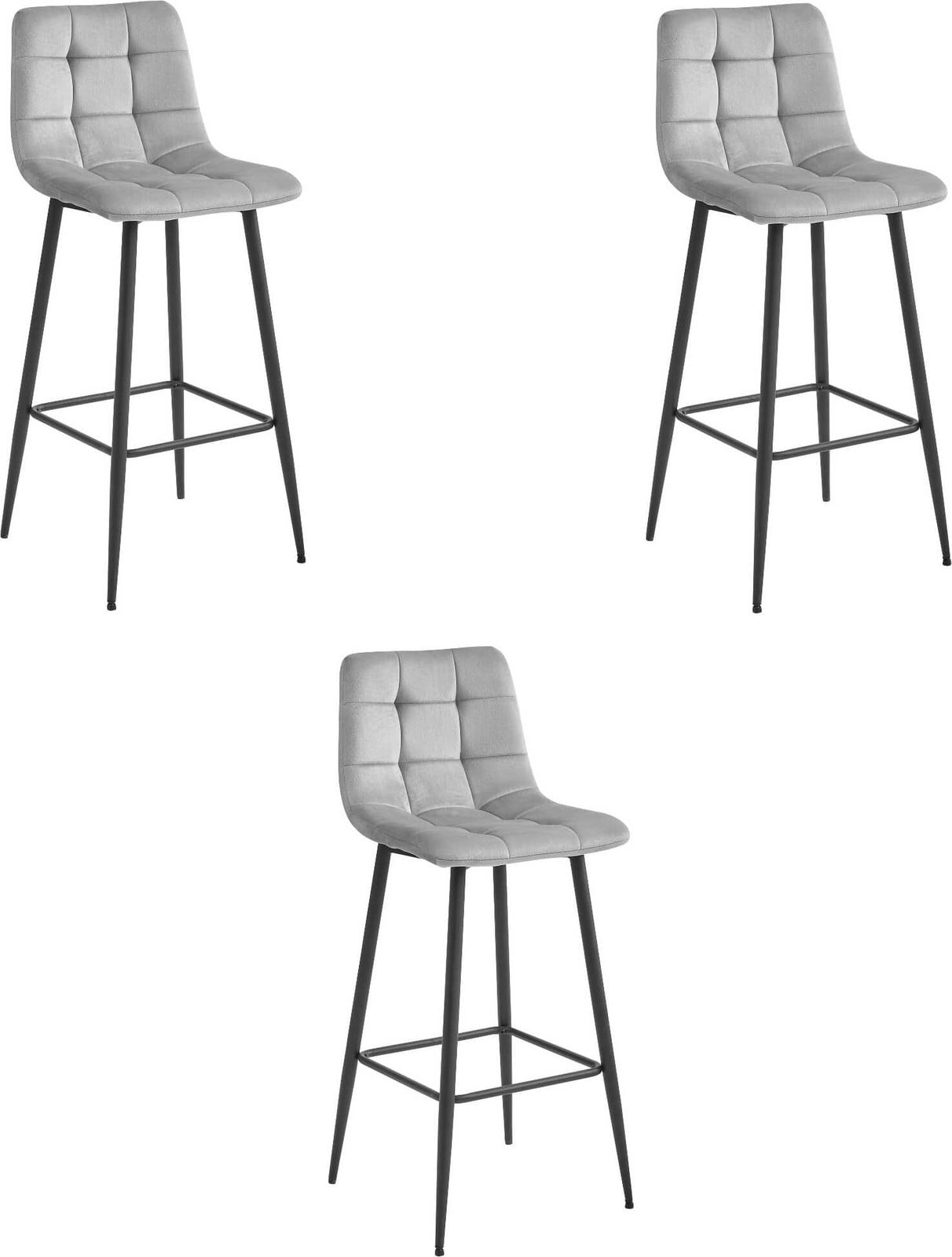 Set van 3 Barkrukken Leobert Arceto - Grijs zilveren fluweel met zwarte poten