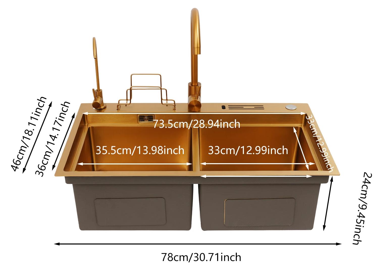 Küchenspüle - Doppelbecken 78x46 cm Spüle - 304 Edelstahl - Mit Wasserhahn - Rechteckig - Gold