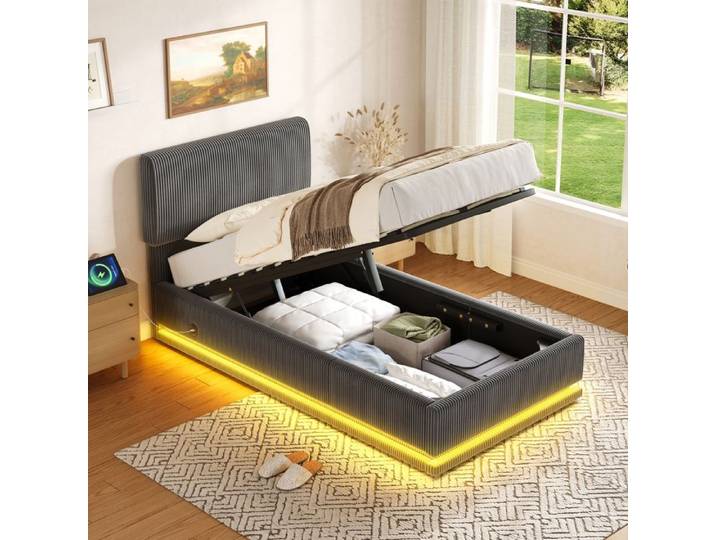 Muvoe Lit coffre en velours côtelé LED USB-C 90x200 -LumiNuit- Lit simple rembourré - sans matelas - Tête de lit réglable - Gris
