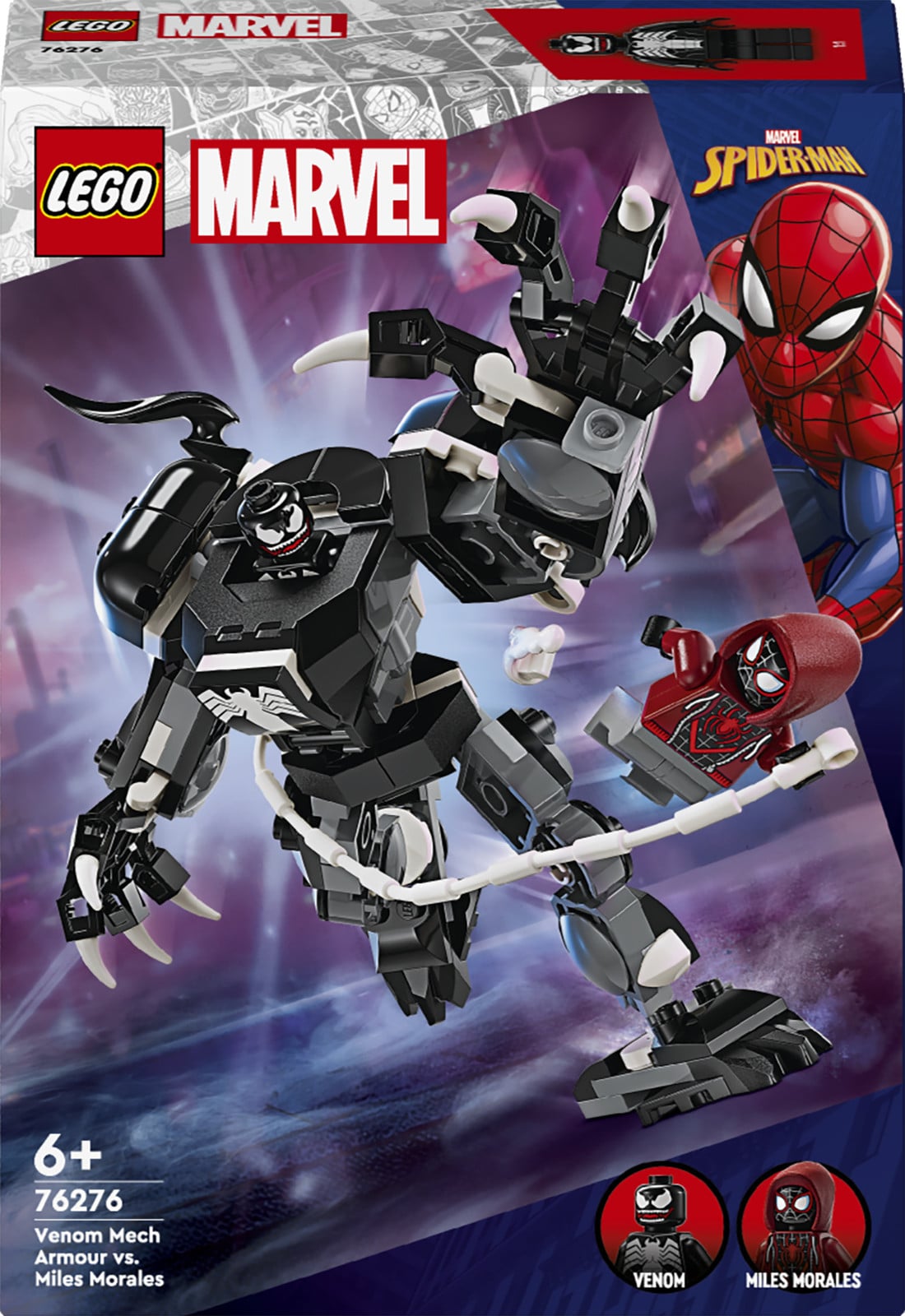 Lego Venom in robotische bepantsering versus Miles Morales