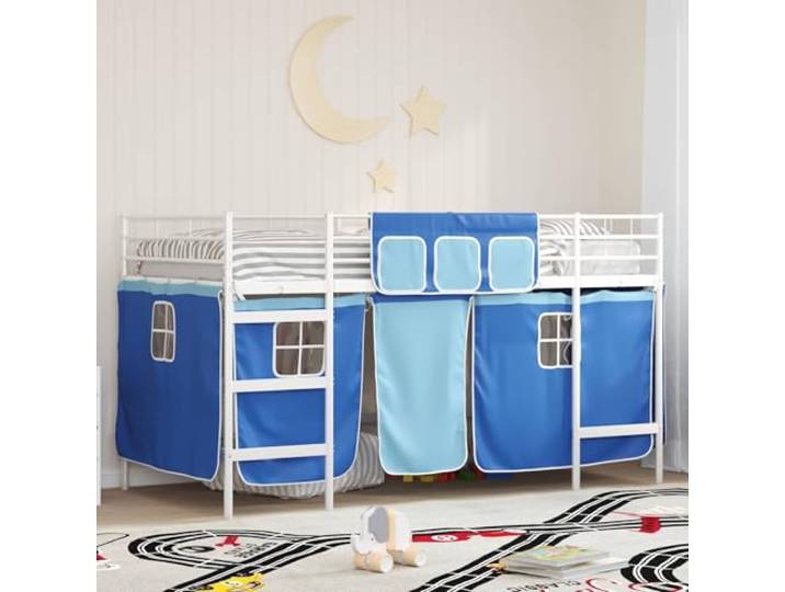 Pulverbeschichteter Metallrahmen mit Vorhängen Hochbett Weiß 107 x 201 cm Kinder Loft Bettgestell mit Vorhängen Weiß und Blau Hochbett mit Rutsche Metall Rahmen für Kinder Schlafzimmer Platzsparendes