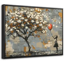 LEINWAND Bilder mit Rahmen - Baum - Graffiti - Banksy-Stil - Ballon-Mädchen - 40x30