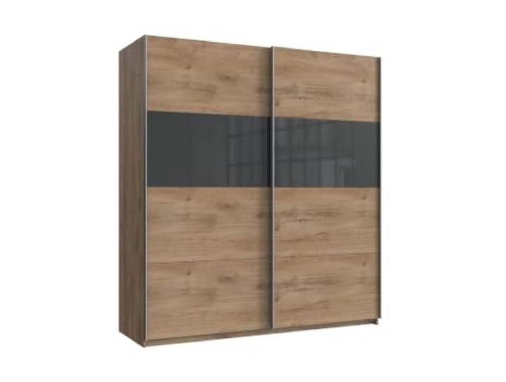 Kleiderschrank Bramfeld Plankeneiche mit Glas Grey 180cm Breite Schwebetürenschrank