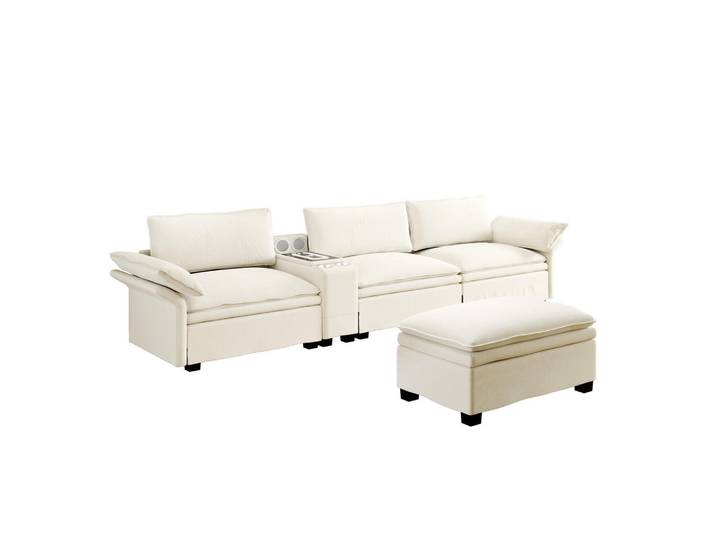 Wishdor 4-Sitzer Ecksofa Chenille Beige mit Stauraum, LED und Bluetooth-Lautsprechern, L-Form, 315x70 cm, Wohnzimmer, Sofas & Couches, Wohnlandschaften, Ecksofas