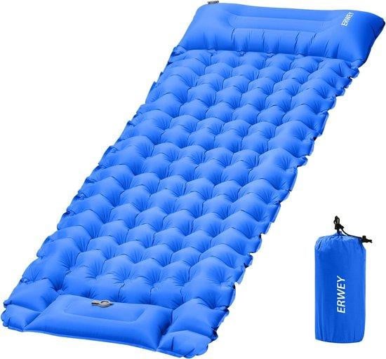 Zelfopblazende camping slaapmat blauw, waterdicht luchtbed voor volwassenen, B/D/H: 70 x 200 cm