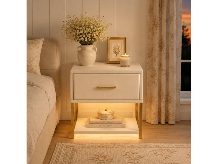 Simurq Nachttisch Nachtschrank 2er Set mit LED Beleuchtung Samt Beige (Set aus 2 Stück, 2-St., 2er Set Nachtschränke), RGB-LED-Beleuchtung, Samtoberfläche, 2er Set