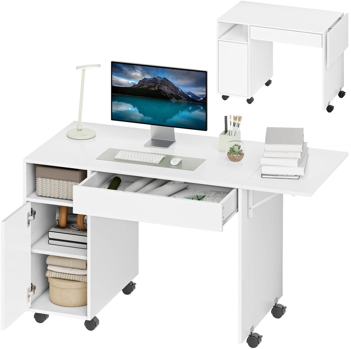 Minimalistisch wit computertafel met verstelbare hoogte en wieltjes, MDF en metaal