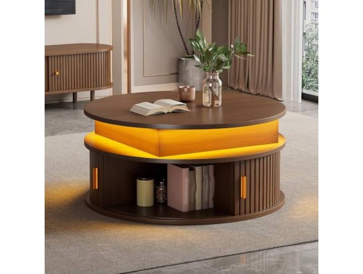 RAPRAP Runder Höhenverstellbarer Couchtisch Walnuss mit LED & Rolltüren Multifunktionaler Wohnzimmertisch für Essen, Arbeit & Entspannung, 75 cm, Versteckter Stauraum, App-Lichtsteuerung
