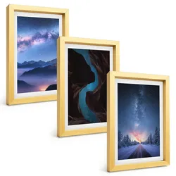 BILDER SET 3er Set - 20x30 cm Goldrahmen - Nachthimmel, Berge, Winterlandschaft
