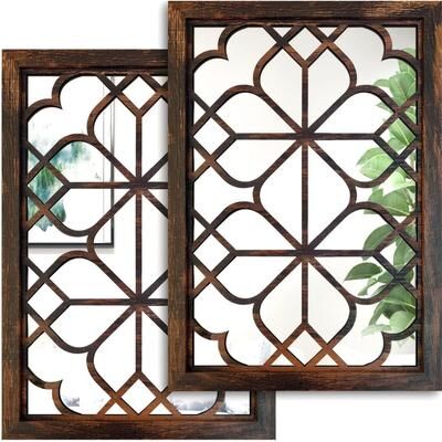 Fusion Finds Rustic Wood Framed Acrylic Wall Mirror Set Of 2 For Entryway, Bathroom & Bedroom Decor e