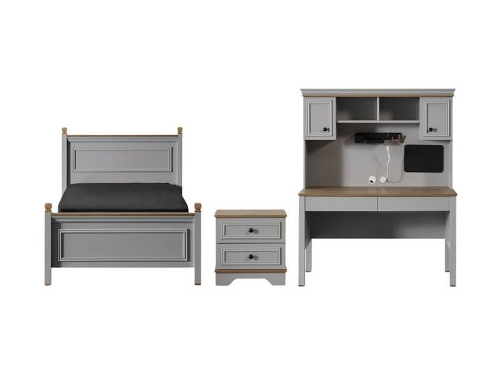 Villa Möbel Jugendzimmer-Set Virella, (Jugendzimmer-Set, 3-tlg., Bett mit Kopfteil, 1 x Nachttisch und Schreibtisch), Bett Schreibtisch Regal Schrank mit grauer Front und Ordnung