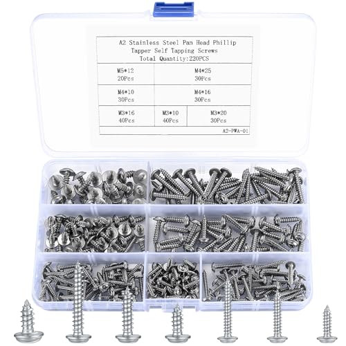 220 stuks RVS kruiskopschroeven met ring voor houtbewerking, M3/M4/M5