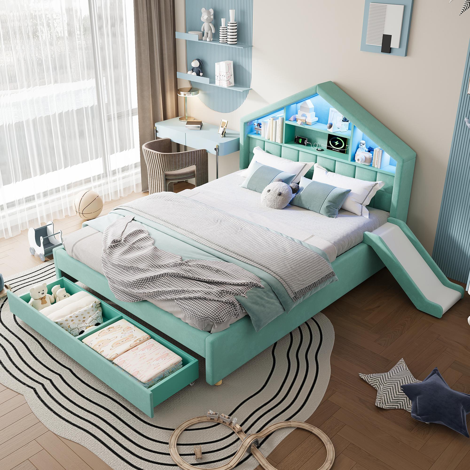 Flieks Kinderbett 140x200cm mit Rutsche und Led, Polsterbett Hausbett mit Schublade und Ladeanschluss, Kinder Doppelbett mit Ablagen, Samt, Grün