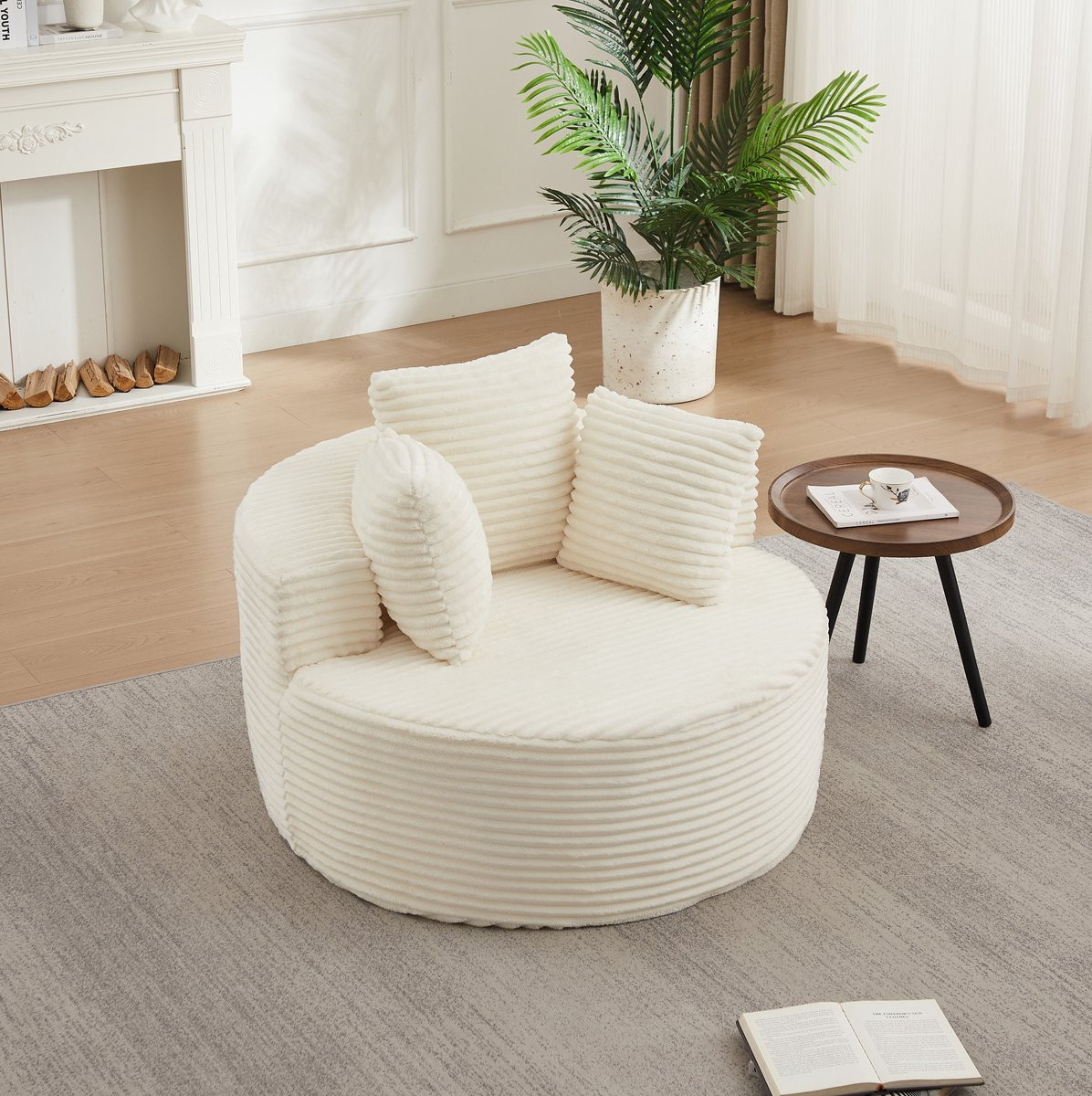 FloraGrace Fauteuil Rond - Beige - Cord - Diameter: 110 cm