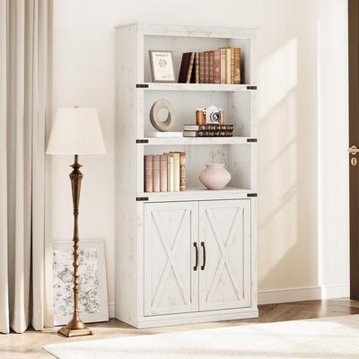 Garvee Compact 5-Tier Farmhouse Bookcase w/ Open Shelves & Doors