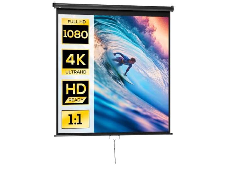HOMCOM Écran de Projection 99\ 1:1 HD 4K Boîtier Métal 178 x 178 cm Noir Écran Videoprojecteur\, Boîtier en Métal\, Hauteur Réglable Manuellement\, pour Cinéma Maison\, Bureau\, Voyage