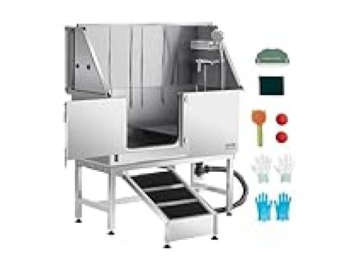VEVOR Baignoire de Chien Acier Inoxydable, Baignoire de Toilettage pour Animaux de Compagnie 127 cm Station de Lavage Chat, avec Rampe, Panneau Filtre à Eau, Robinet, Pommeau de Douche, Porte Gauche