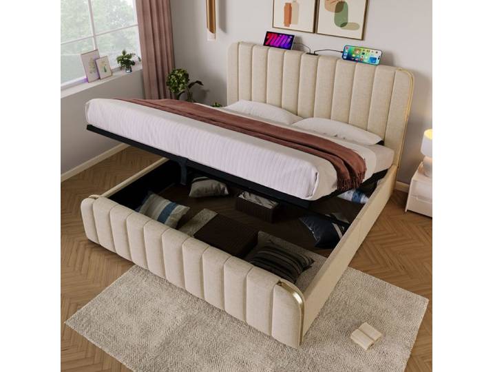 Lit double rembourré - KOMHTOM - lin élégant - 180x200 cm - Rangement hydraulique - Chargeur USB-C