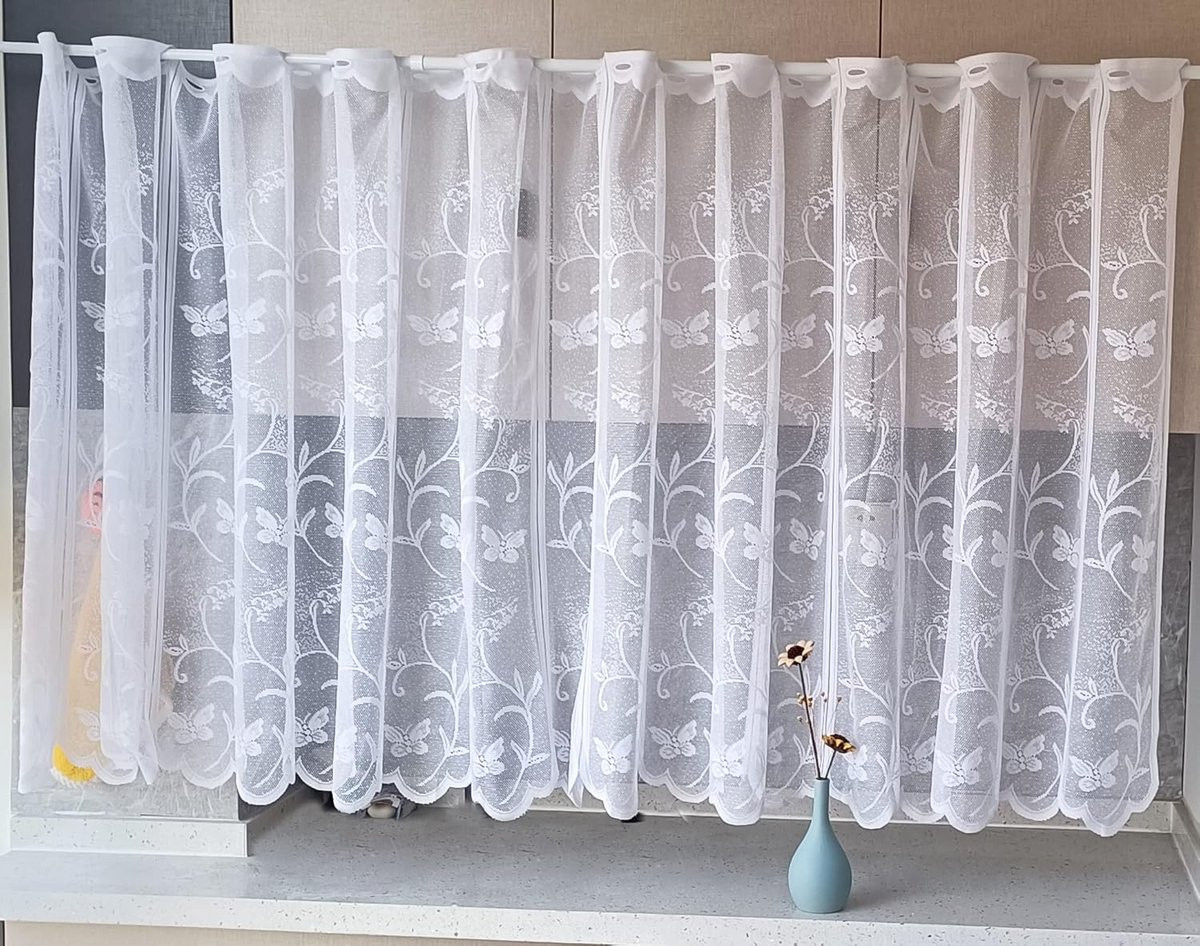Wit Netgordijn Jacquard Bloem - Transparante Vitrage voor de Keuken - 160 x 120 cm