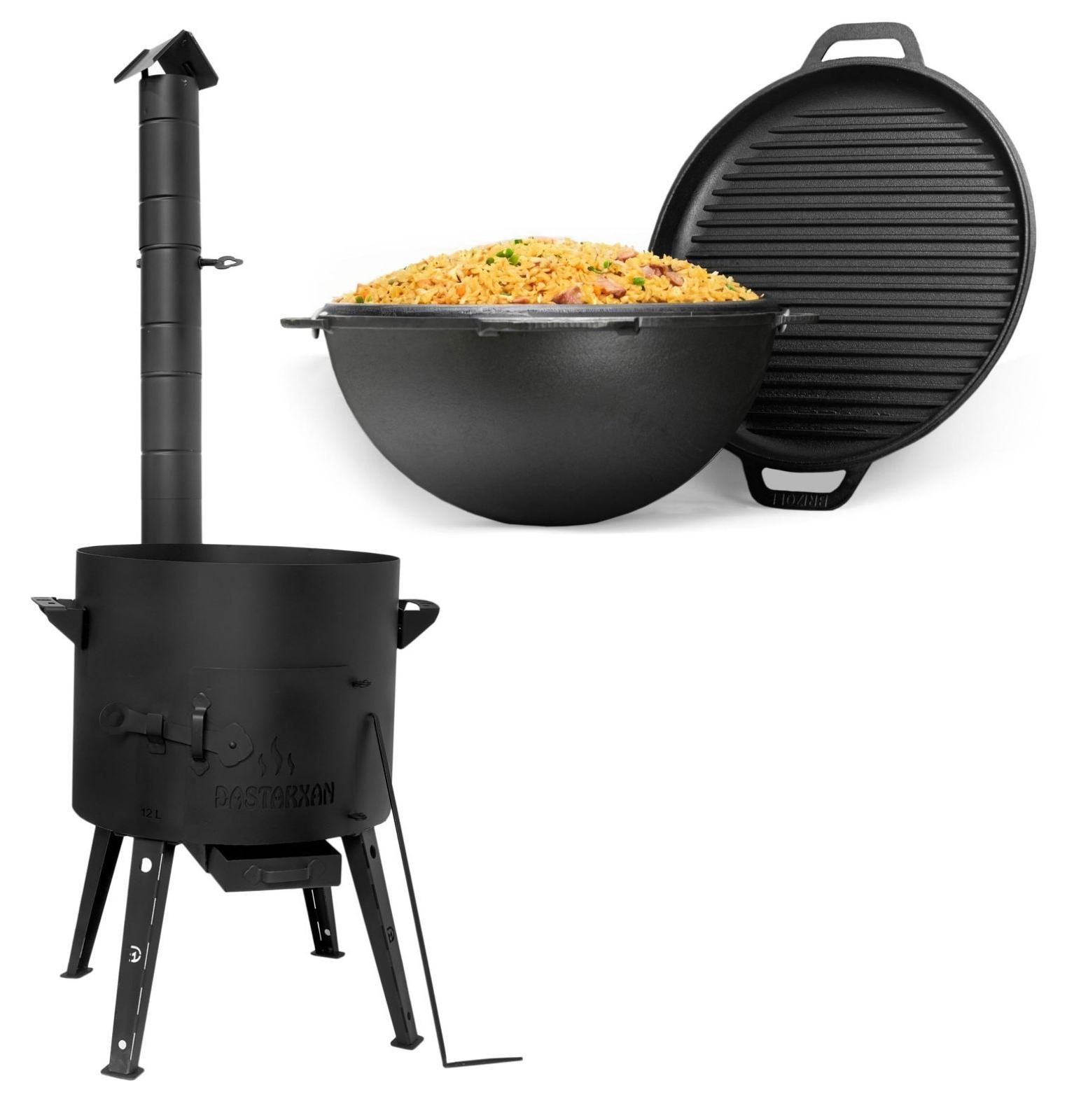 Ø40 Uchag 2mm Stahl Utschak mit Abzugsrohr Utschag Campingofen 12L Gusseisen Kazan mit Gusseisen Deckel-Grillpfanne Kasan Feuerstelle Feldküche
