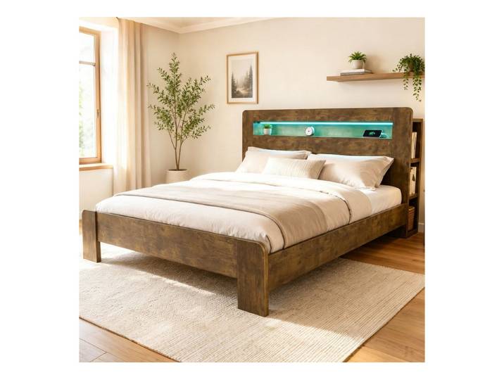 REDOM Funktionsbett mit LED-Beleuchtung, Holzbett Doppelbett (mit Kopfteil-Stauraum & integrierten Steckdosen), Inklusive Matratze