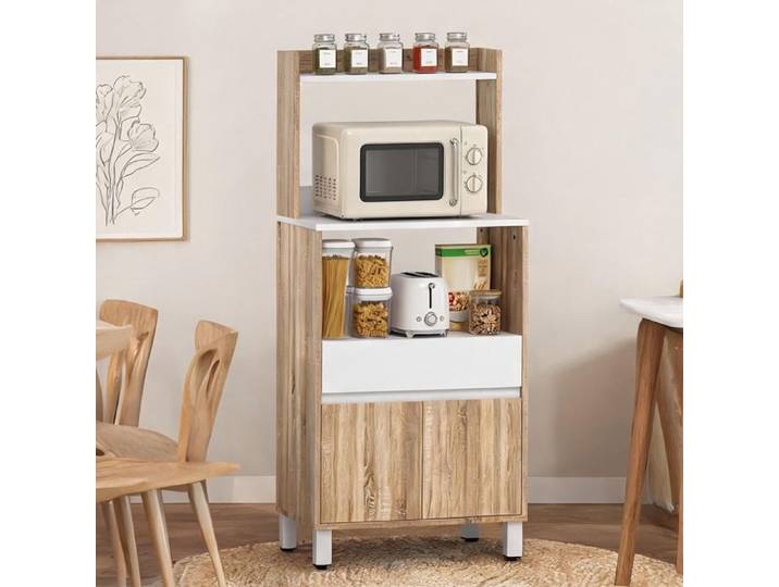Buffet chêne et blanc 60x40x131 cm avec tiroir et compartiment four à micro-ondes