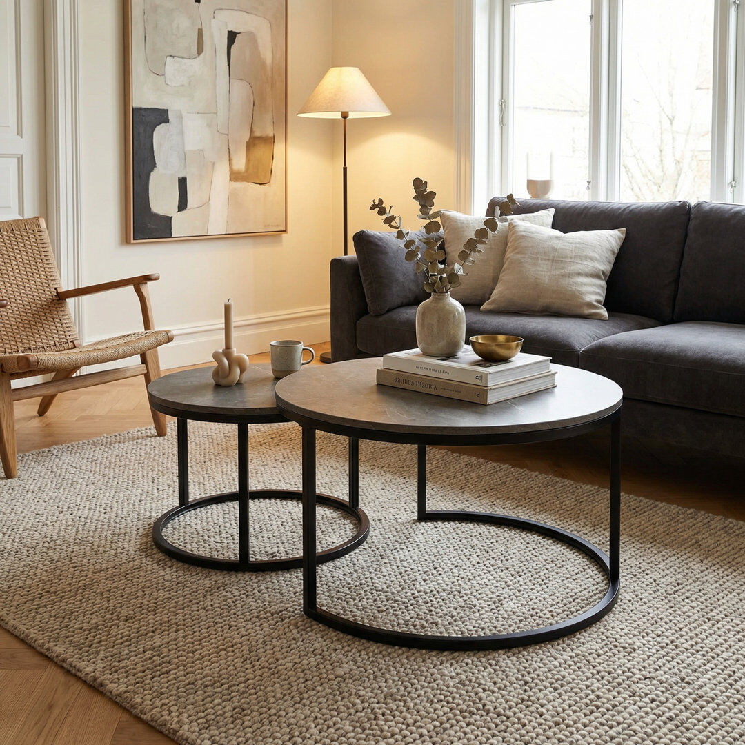 17 Stories Maag Frame 2 Piece Nest Coffee Table Set Marble Grey/Black 70