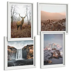 BILDER SET 4er Set - 50x50 cm & 40x60 cm Weißer Rahmen - Wilde Landschaften, Berge, Hirsche