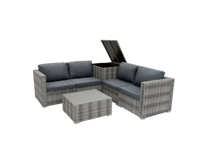 Salon de Jardin Modulaire en Rotin Gris 6 Pièces Canapé Coussins Table Basse