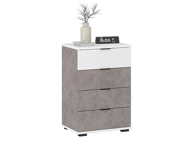 CARO-Möbel Nachttisch Piano Beton Optik/weiß, Nachtkommode für Boxspringbetten, Nachtschrank mit 4 Schubladen und Griffen aus Kunststoff, Korpus aus MDF/Spanplatte