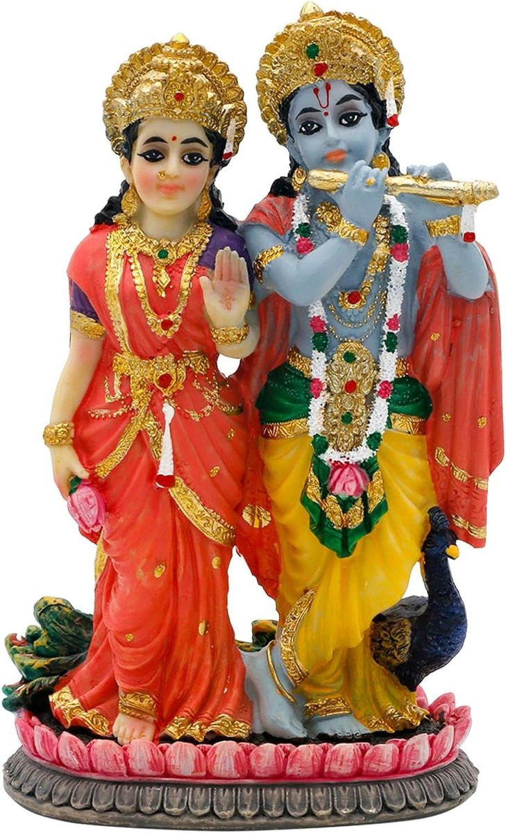 Handgeschilderd Radha Krishna Standbeeld - Multicolor Hindoe God Beeld voor Tafeldecoratie - Hoogte: 12,4 cm