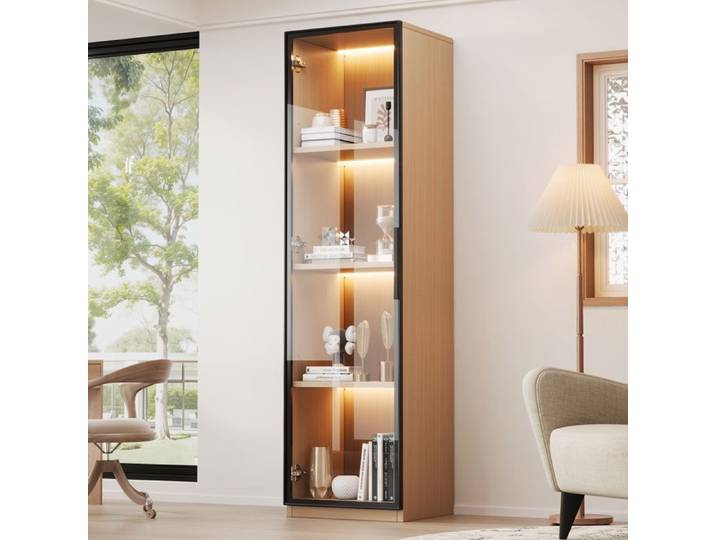 Vitrine 40x40x165 cm avec LED multicolore et porte en verre trempé meuble de rangement MDF décor chêne