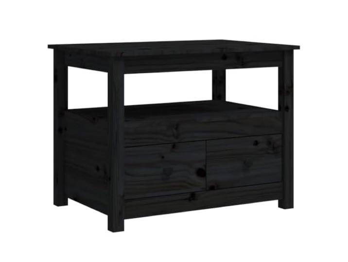 KUTYWEXFM Couchtisch Schwarz 71x49x55 cm Kiefer Massivholz mit Schubladen Vielseitiger Sofatisch fürs Wohnzimmer mit 2 Auszügen und Ablagefach für Fernbedienung, Zeitschriften und Deko.