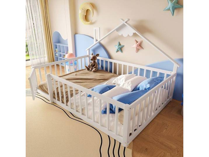 Lit cabane enfant 140x190 cm Lit plat Lit double en bois avec barrière de sécurité toit cheminée et sommier à lattes - blanc