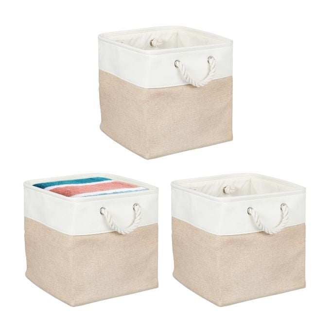 Relaxdays Opbergmand Set van 3, Linnen, Beige-Wit, met Handgrepen en Opvouwbaar