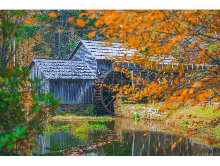 Fototapete PAPERMOON SEE-LANDSCHAFT-MÜHLE WALD WALD FLUSS STRAND BOOTE SONNE , bunt, B:4,5m L:2,8m, Vlies, Tapeten, Fototapete