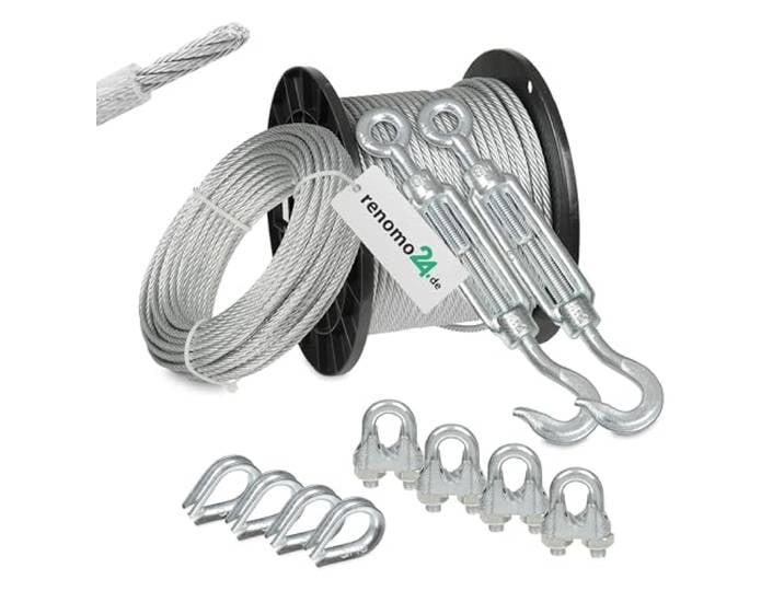 Renomo24 Drahtseil Set 4 - Stahlseil 100m 6mm 6x7 verzinkt und ummantelt, 2x Spannschloss Haken/Öse, 4x Bügelklemmen, 4x Kauschen