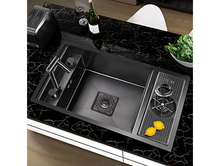 Küchenspüle mit Deckel, klappbarer Wasserhahn, Drop-In-Workstation-Spüle, Aufsatz-Einzelbecken-Küchenspüle mit integrierter Leiste (Farbe: Schwarz-Grau, Größe: 60 x 40 cm)