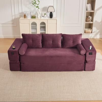 HOMEFUN Corduroy Upholstered 2-3 Seats Thick Back Support Convertible Sofa Bed With Minimalist Design