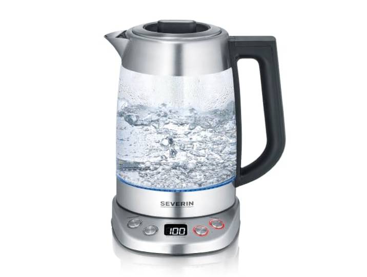 SEVERIN Glas Tee- & Wasserkocher Deluxe, Teekocher mit einstellbarer Temperatur & Ziehzeit, mit 5 Teeprogrammen & Warmhaltefunktion, max. 1,7 L Wasser, 3000 W, Edelstahl, WK 3480