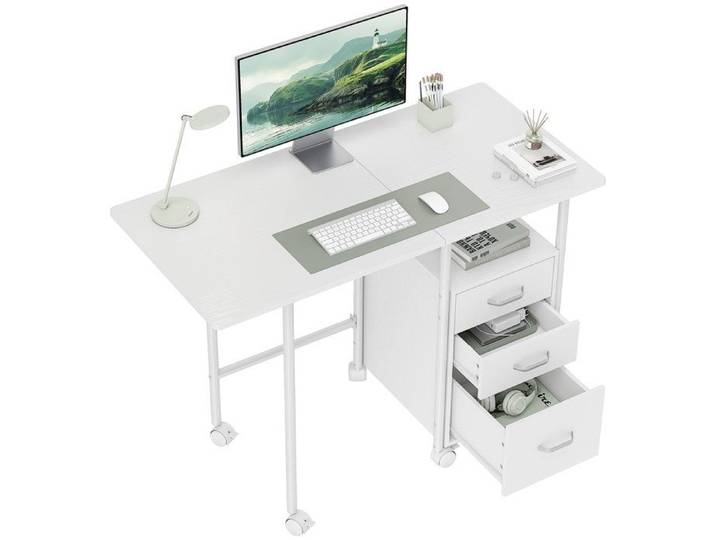 Bureau d'ordinateur pliable sur roulettes bureau avec rangement 3 tiroirs plateau extensible 105x51x75 5cm blanc