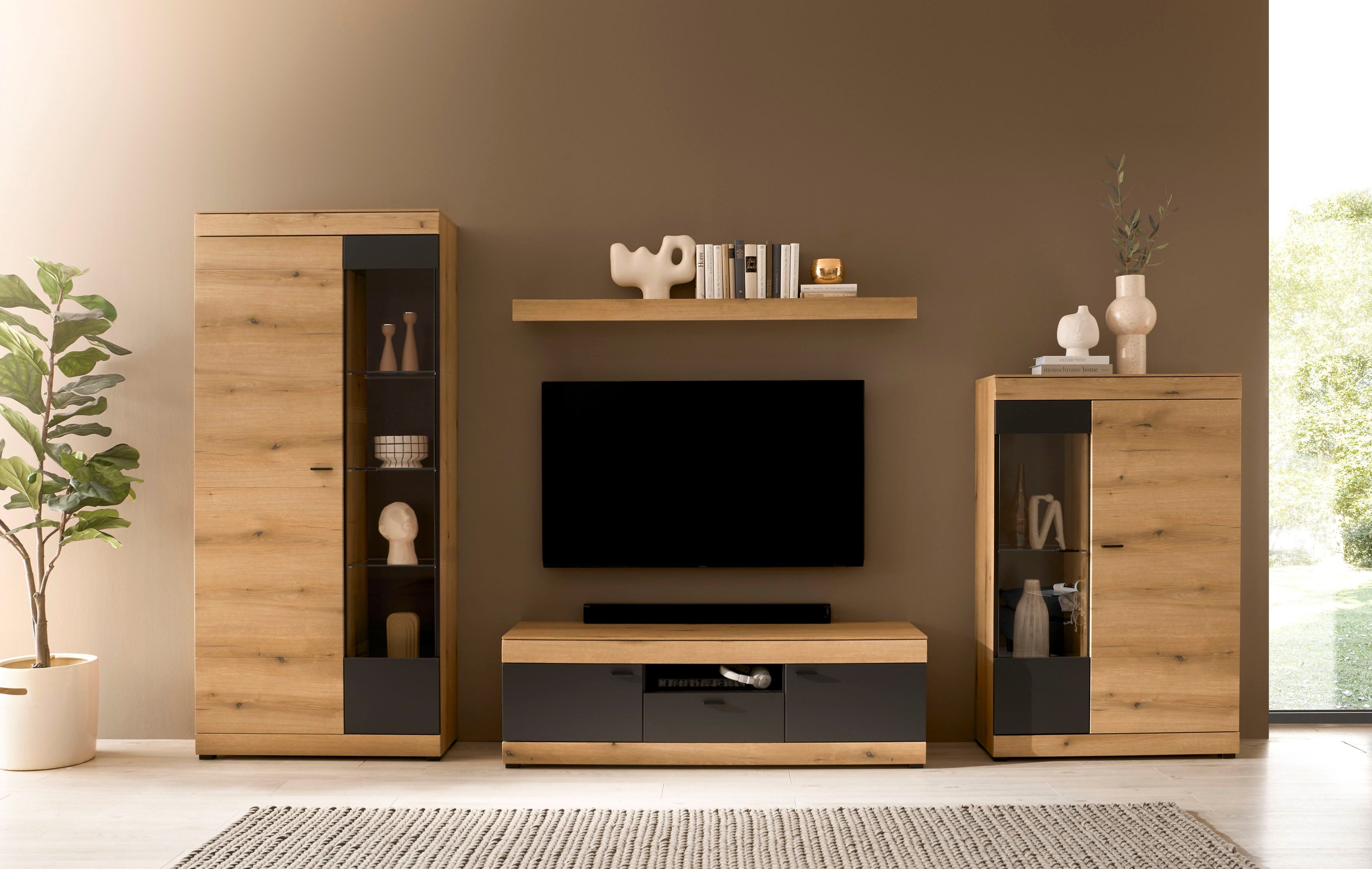 Wohnwand HOME AFFAIRE "Soleto, zeitlose Anbauwand, Komplettset im modernen Stil", braun (eiche evoke), B:350cm H:201cm T:35cm, Kastenmöbel-Sets, Wohnwand, enthält Vitrinen, Lowboard und Wandboard eiche evoke B/H/T: 350cmcm x 201cmcm x 35cmcm