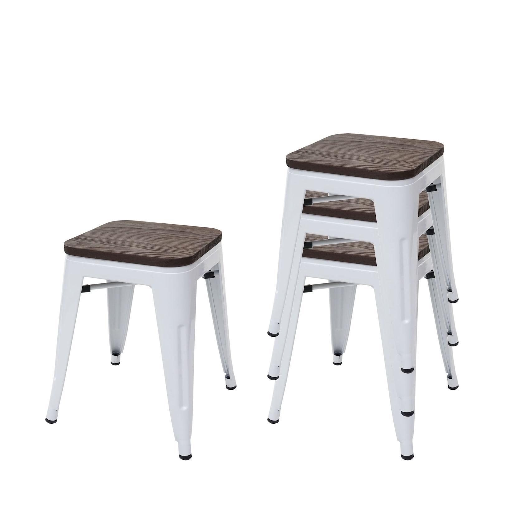 4er-Set Hocker MCW-A73 inkl. Holz-Sitzfläche, Metallhocker Sitzhocker, Metall Industriedesign stapelbar ~ weiß