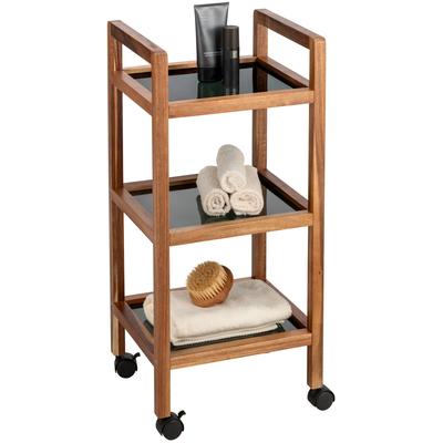 Regal WENKO "Fondi", braun, B:35cm H:76,5cm T:31cm, Massivholz, Sicherheitsglas, Regale, Regal, Rollwagen für Haushalt und Badezimmer, Akazienholz mit Glasböden