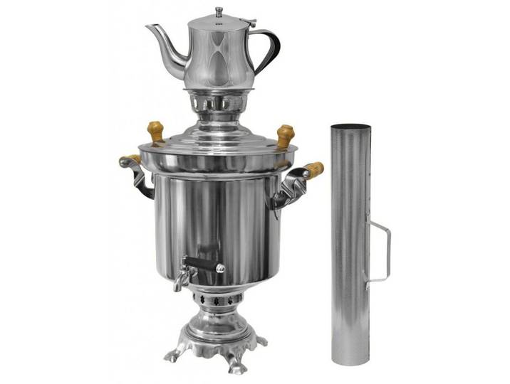 LeGro Profi Samowar Edelstahl Holzkohle Samowar 5Liter mit Schornstein + Optional Teekanne
